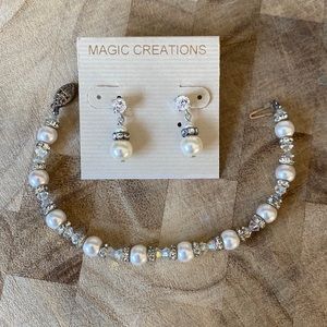 Faux Pearl Bracelet and Dangle Earrings with Crystal Bead Accents